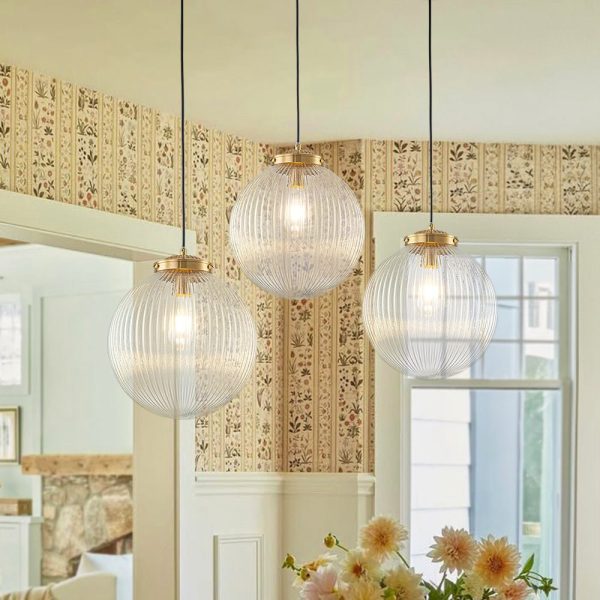 LightFixturesUSA - Mid - Century 1 - Light Clear Ribbed Glass Globe Pendant - Pendant Light - Brass -