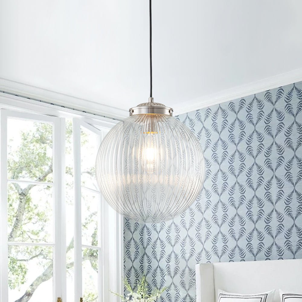 lightfixturesusa-mid-century-1-light-clear-ribbed-glass-globe-pendant-pendant-light-nickel-5122009 LightFixturesUSA - Mid - Century 1 - Light Clear Ribbed Glass Globe Pendant - Pendant Light - Nickel -