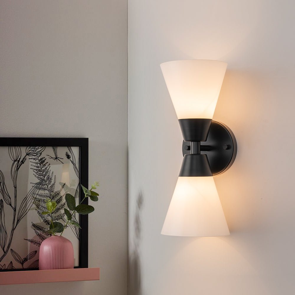 lightfixturesusa-mid-century-2-light-up-down-opal-glass-cone-wall-sconce-wall-sconce-black-748533 LightFixturesUSA - Mid - Century 2 - Light Up Down Opal Glass Cone Wall Sconce - Wall Sconce - Black -