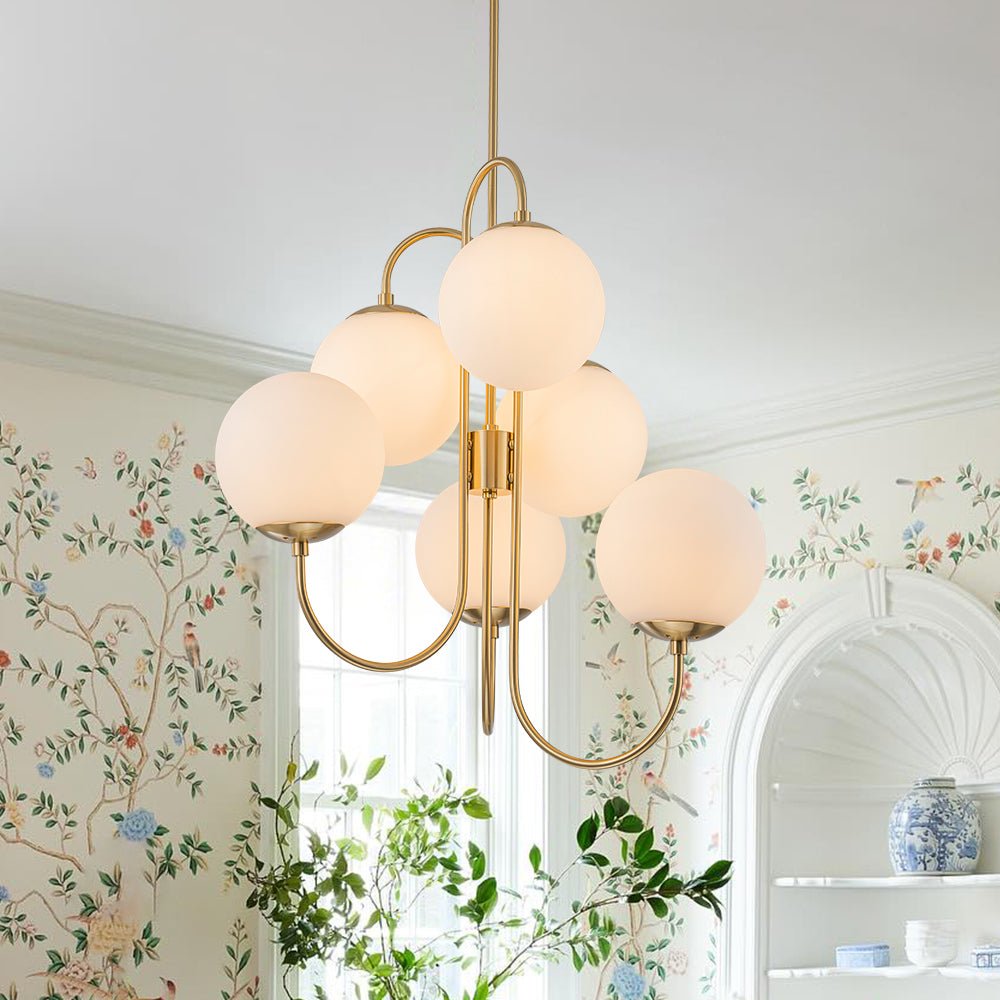 lightfixturesusa-mid-century-6-light-goose-arm-opal-glass-globe-tiered-chandelier-chandelier-brass-321992 LightFixturesUSA - Mid - Century 6 - Light Goose Arm Opal Glass Globe Tiered Chandelier - Chandelier - Brass -