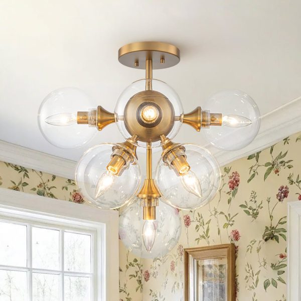 LightFixturesUSA - Mid - Century Brass Glass Bubble Tiered Semi Flush Chandelier - Chandelier - Brass - 