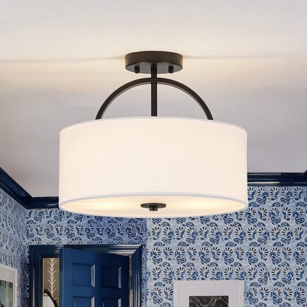 LightFixturesUSA - Mid - Century Brass Wide Linen Drum Semi Flush Mount - Ceiling Light - Black -