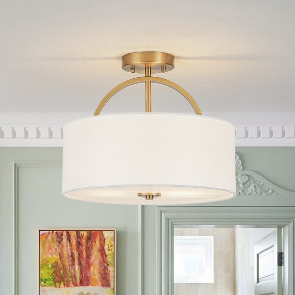 LightFixturesUSA - Mid - Century Brass Wide Linen Drum Semi Flush Mount - Ceiling Light - Brass -