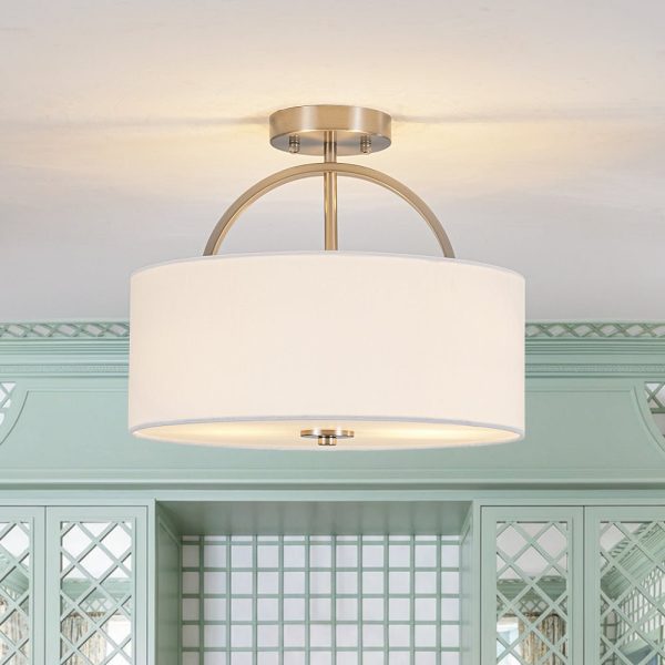 LightFixturesUSA - Mid - Century Brass Wide Linen Drum Semi Flush Mount - Ceiling Light - Nickel -