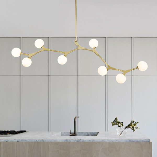 LightFixturesUSA-Mid-century Linear Island Branching Bubble Chandelier-Chandelier-Brass-