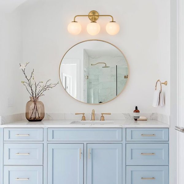 LightFixturesUSA - Mid - century Shine Opal Glass Globe Brass Vanity Light - Wall Sconce - 3 - Lt -