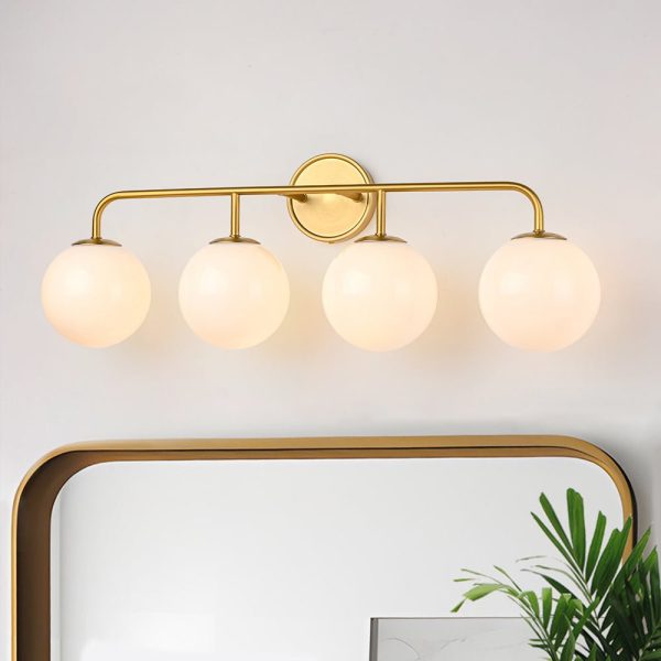 LightFixturesUSA - Mid - century Shine Opal Glass Globe Brass Vanity Light - Wall Sconce - 4 - Lt - 