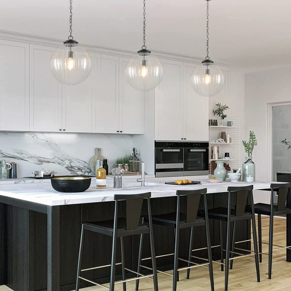 LightFixturesUSA - Modern 1 - light Clear Ribbed Glass Globe Pendant - Pendant Light - Black -