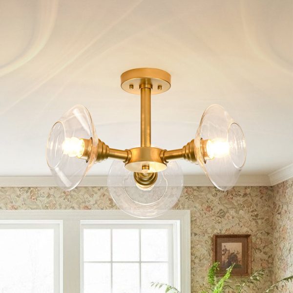 LightFixturesUSA - Modern 3 - Light Clear Glass Round Sputnik Semi Flush Mount - Chandelier - Brass - 