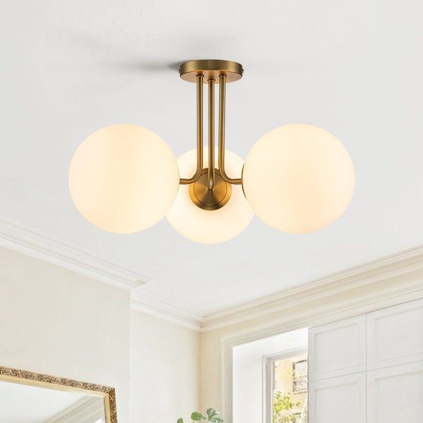 LightFixturesUSA-Modern 3-Light Opal Glass Globe Ceiling Light-Ceiling Light-Brass-