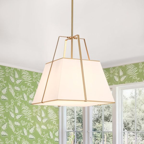 LightFixturesUSA - Modern Brass White Fabric Tapered Cage Pendant Light - Ceiling Light - White+Brass -