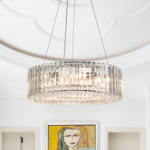 Modern Chrome Round Drum Crystal Chandelier