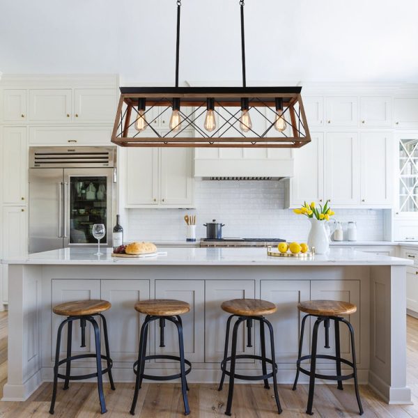 LightFixturesUSA - Modern Farmhouse 5 - light Kitchen Island Faux Wood Linear Chandelier Pendant - Chandelier - Brown - 