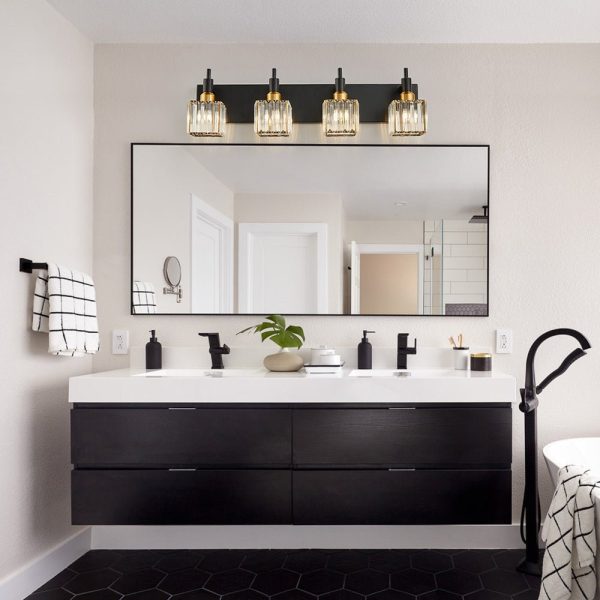 LightFixturesUSA-Modern Glam Crystal Bathroom Vanity Light-Wall Sconce-Black+Gold-4-Lt