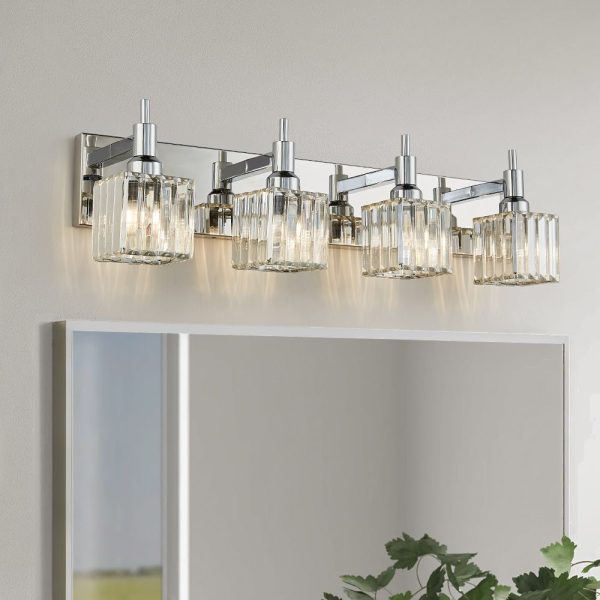 LightFixturesUSA-Modern Glam Crystal Bathroom Vanity Light-Wall Sconce-Chrome-4-Lt