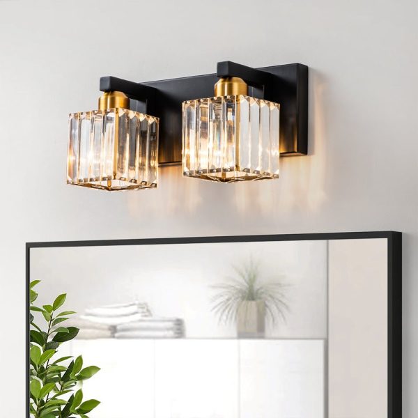 LightFixturesUSA-Modern Glam Crystal Bathroom Vanity Wall Lamp-Wall Sconce-Black+Gold-2-Lt
