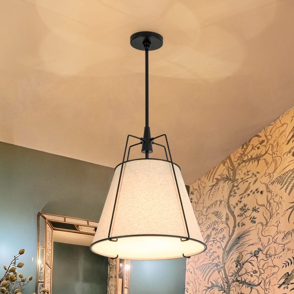 LightFixturesUSA - Modern Linen Conical Drum Cage Pendant Light - Ceiling Light - Black/15 in -