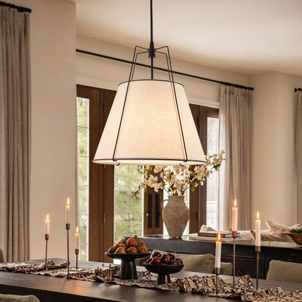 LightFixturesUSA - Modern Linen Conical Drum Cage Pendant Light - Ceiling Light - Black/23 in -