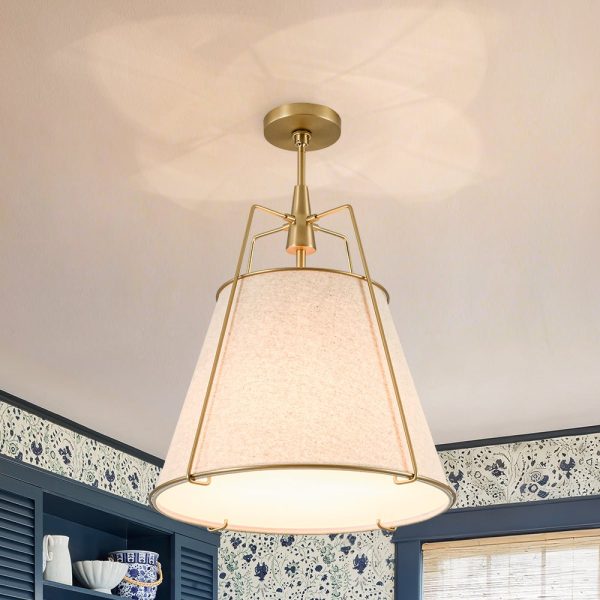 LightFixturesUSA - Modern Linen Conical Drum Cage Pendant Light - Ceiling Light - Brass/15 in -