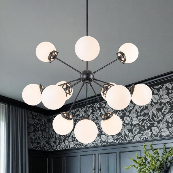 LightFixturesUSA - Modern Opal Glass Globe 12 - light Sphere Sputnik Chandelier - Chandelier - Black -