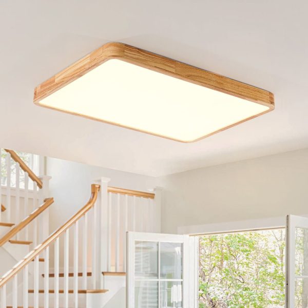 LightFixturesUSA - Rectangle Wooden Dimmable LED Flush Mount Ceiling Light - Ceiling Light - 3000K (Warm) -