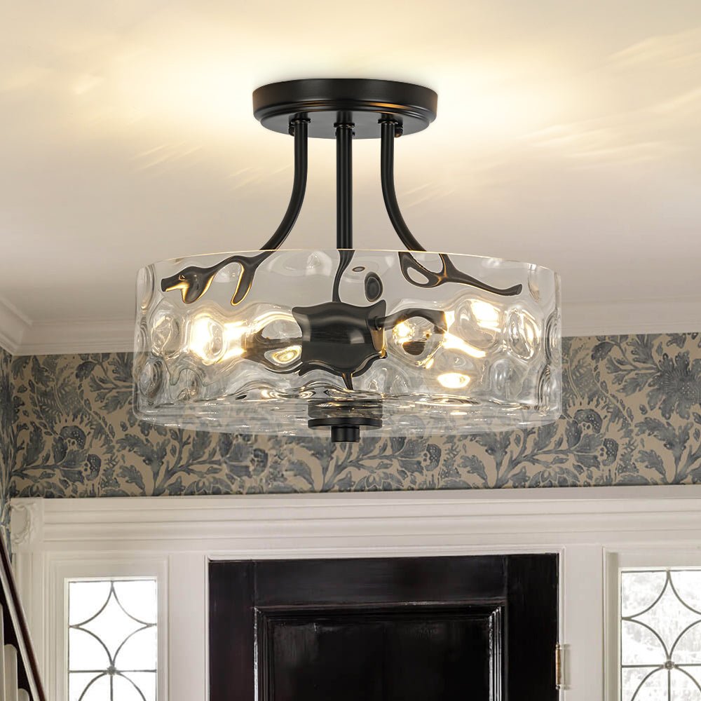 lightfixturesusa-round-drum-hammered-glass-semi-flush-mount-ceiling-light-black-4930196 LightFixturesUSA - Round Drum Hammered Glass Semi Flush Mount - Ceiling Light - Black -