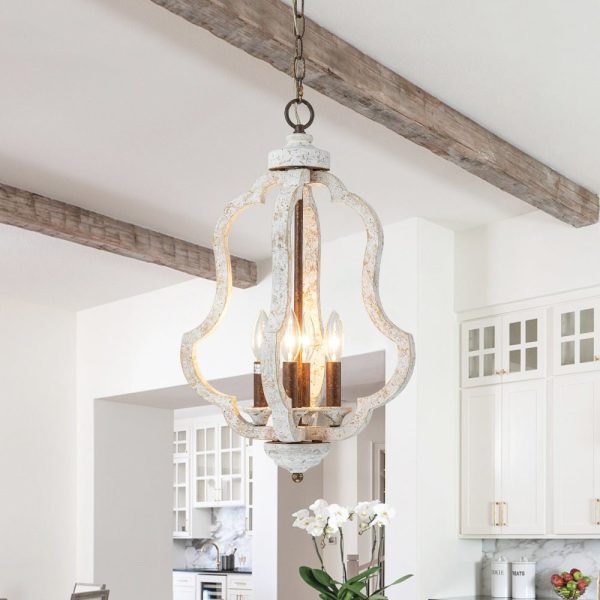 LightFixturesUSA - Rustic 4 - Light Whitewashed Wood Cage Pendant Light - Pendant Light - Whitewashed Wood - 