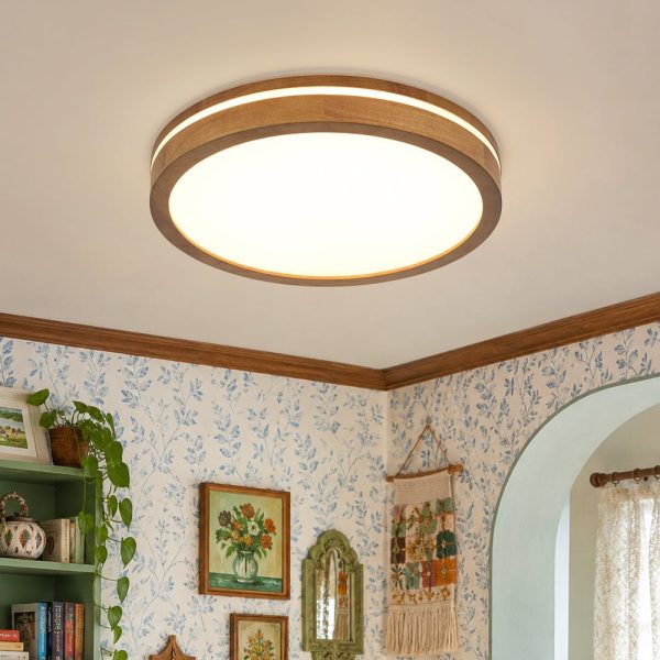 LightFixturesUSA - Rustic Dimmable LED Walnut Wooden Round Ceiling Light - Ceiling Light - 15.7 in - 