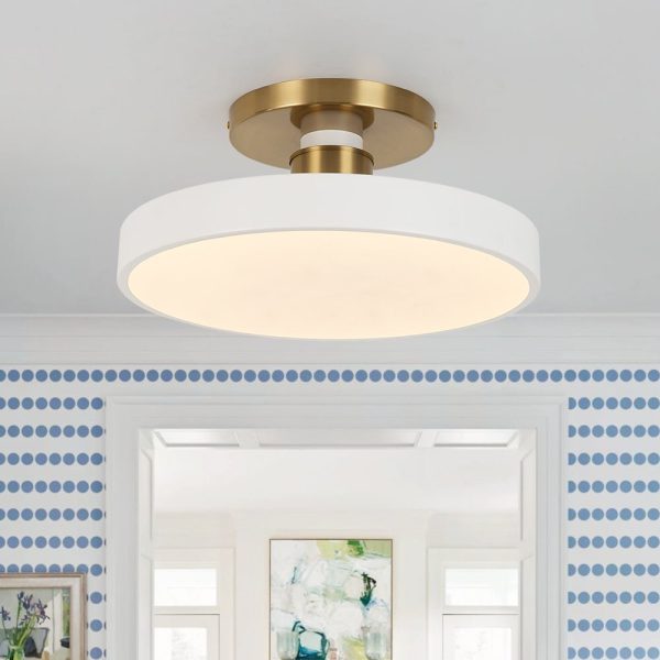 LightFixturesUSA - Scandinavian Brass White Round Dimmable LED Semi Flush Light - Ceiling Light - White - 