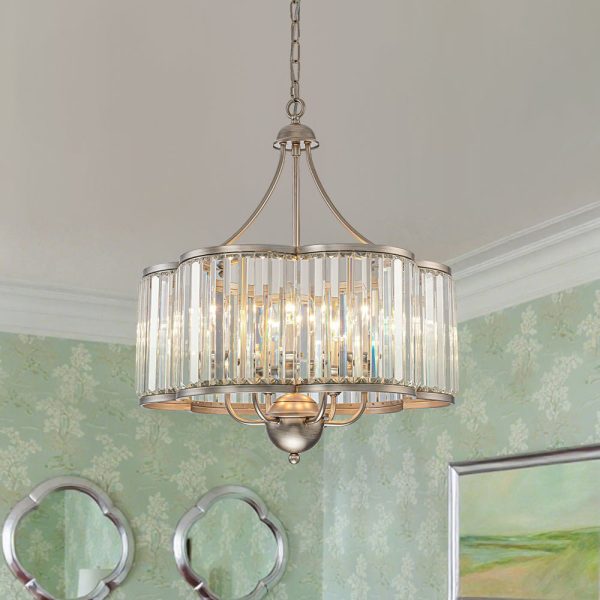 LightFixturesUSA - Shabby Chic Antique Silver Crystal Cage Pendant Light - Chandelier - 21.7 in. - 