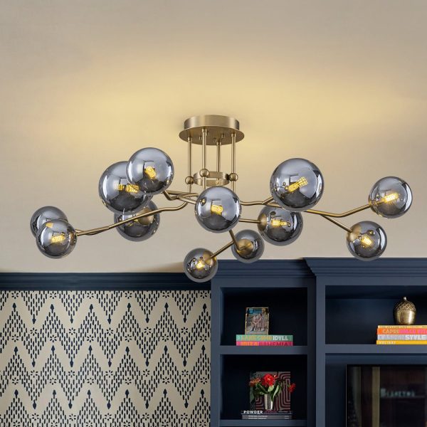 LightFixturesUSA - Smoked Glass Bubble Branch Sputnik Semi Flush Chandelier - Chandelier - Brass (Pre - Order & 2 - 3 Weeks) - 