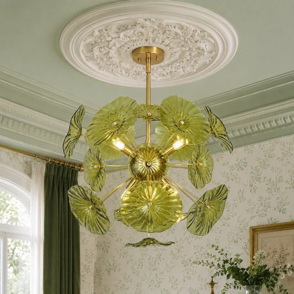 LightFixturesUSA - Summer Art Deco Bloom Green Lotus Leaf Sunburst Chandelier - Chandelier - Brass - 