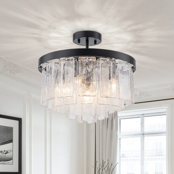 LightFixturesUSA - Tiered Hammered Water Glass Round Semi Flush Mount - Ceiling Light - Black -