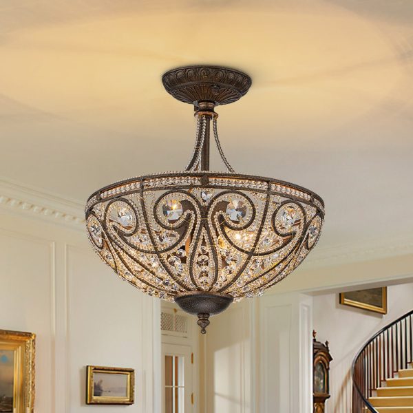 LightFixturesUSA-Victorian Antique Bronze Crystal Semi Flush Light-Ceiling Light-Bronze-