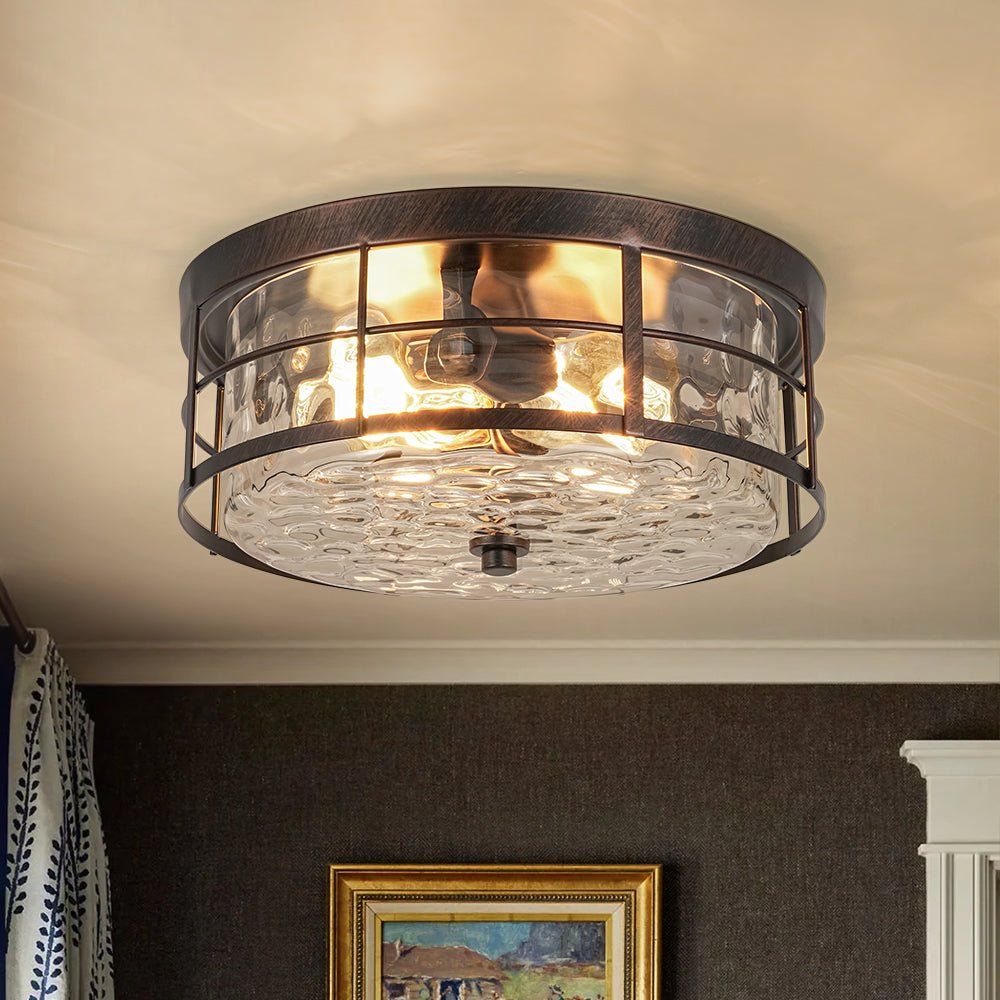 lightfixturesusa-vintage-2-light-hammered-glass-round-drum-flush-mount-ceiling-light-11-in-7172416 LightFixturesUSA - Vintage 2 - Light Hammered Glass Round Drum Flush Mount - Ceiling Light - 11 in -