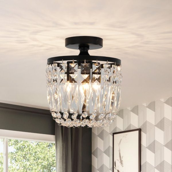 LightFixturesUSA - Vintage Black Draped Crystal Round Semi Flush Mount - Ceiling Light - Black - 