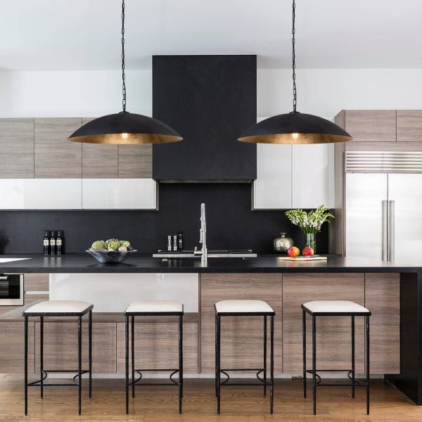LightFixturesUSA-Vintage Oversized Flat Dome Metal Pendant Light-Chandelier-Black+Gold-1-Lt