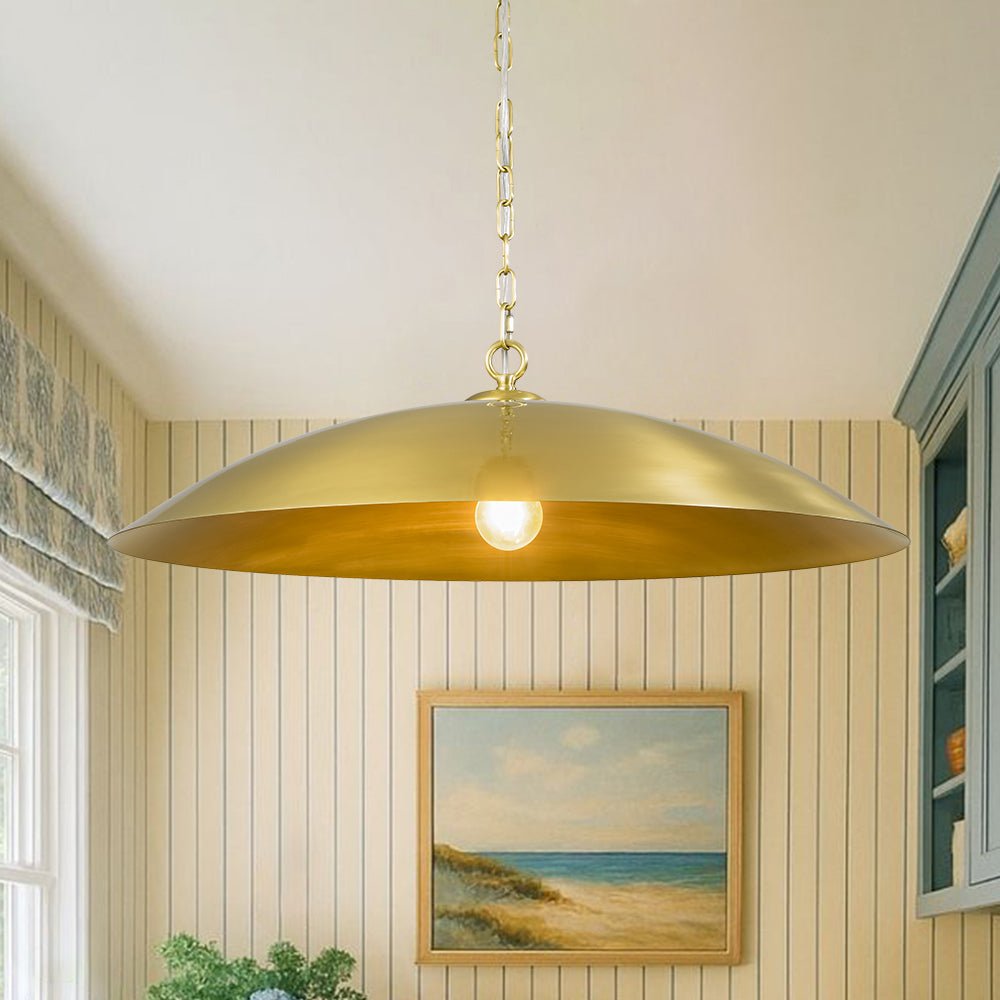 lightfixturesusa-vintage-oversized-flat-dome-metal-pendant-light-chandelier-brass-1-lt-1933458 LightFixturesUSA - Vintage Oversized Flat Dome Metal Pendant Light - Chandelier - Brass - 1 - Lt