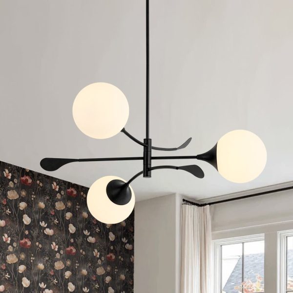LightFixturesUSA - Wind - Vane Tiered 3 - Light Opal Glass Globe Sputnik Chandelier - Chandelier - Black -